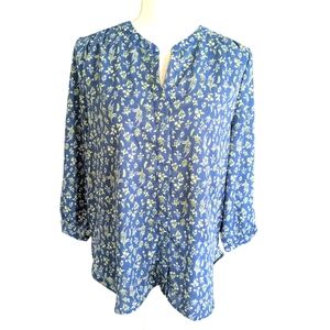 Jachs Girlfriend Blouse Top 3/4 Sleeves Small Button‎ Down Blue Floral Print